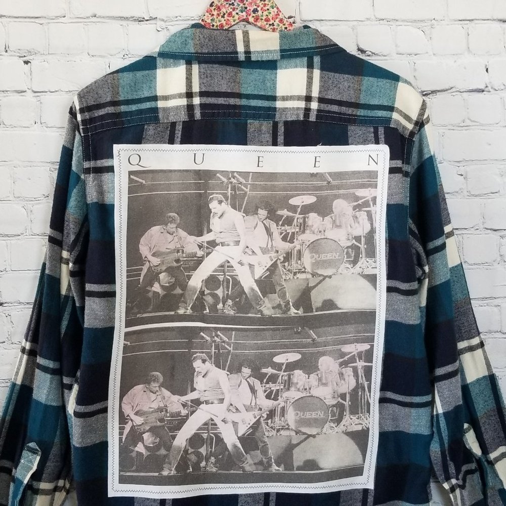 Upcycled Queen Flannel Shirt XL Blue White Custom